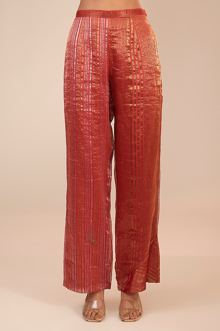 Red Tissue Zari Silk Straight Pants by Urvashi Kaur at Pernia's Pop Up Shop