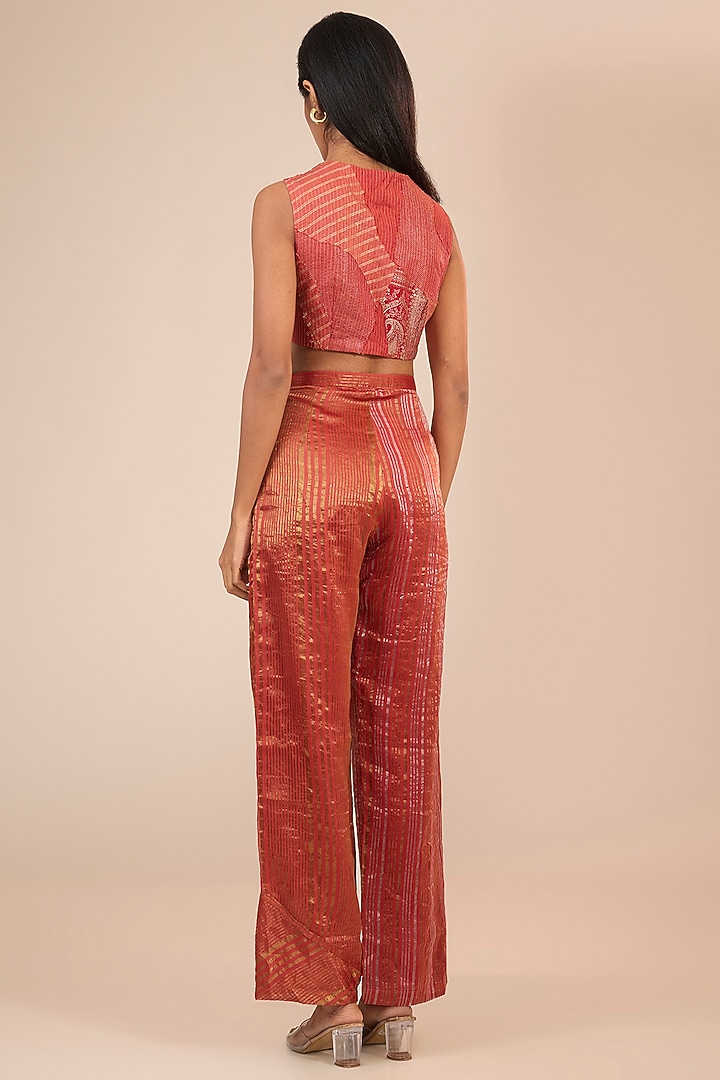 Red Tissue Zari Silk Straight Pants by Urvashi Kaur at Pernia's Pop Up Shop