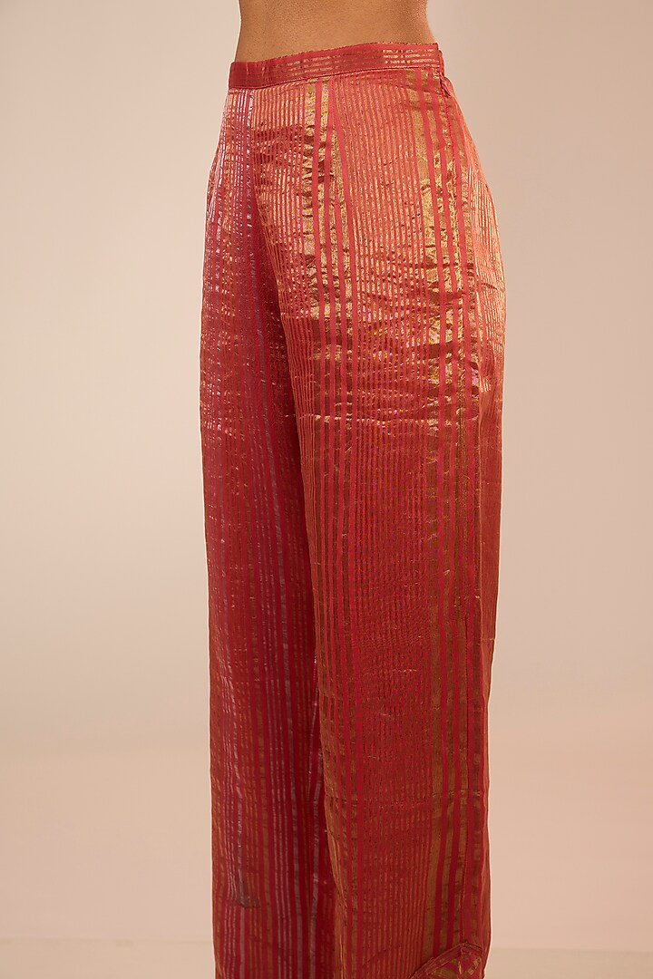 Red Tissue Zari Silk Straight Pants by Urvashi Kaur at Pernia's Pop Up Shop
