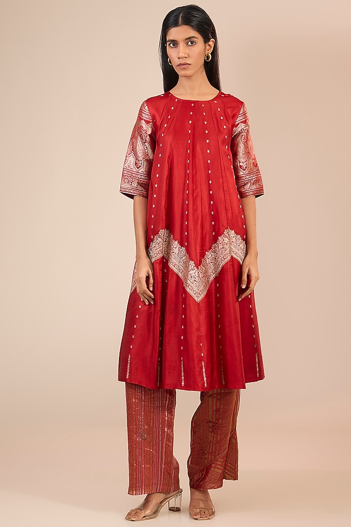 Red Brocade Silk Anarkali Dress by Urvashi Kaur at Pernia's Pop Up Shop