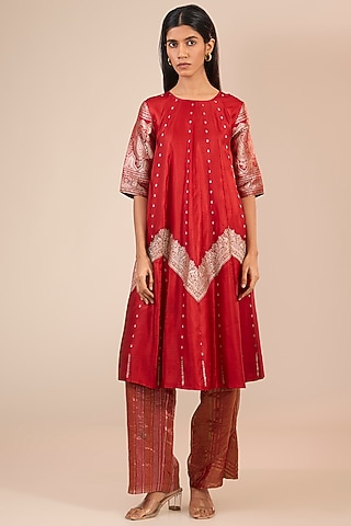 Red Brocade Silk Anarkali Dress by Urvashi Kaur