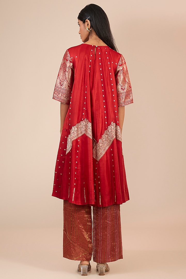 Red Brocade Silk Anarkali Vacation Dress by Urvashi Kaur at Pernia's Pop Up Shop