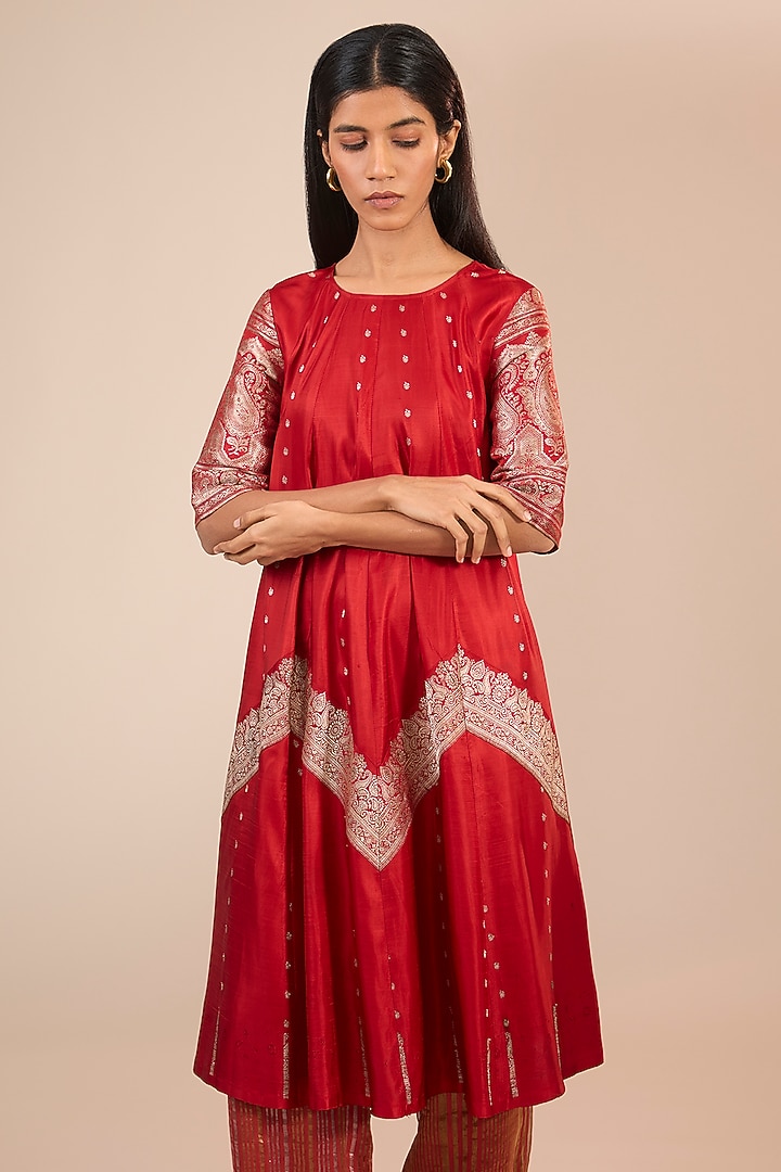 Red Brocade Silk Anarkali Vacation Dress by Urvashi Kaur at Pernia's Pop Up Shop