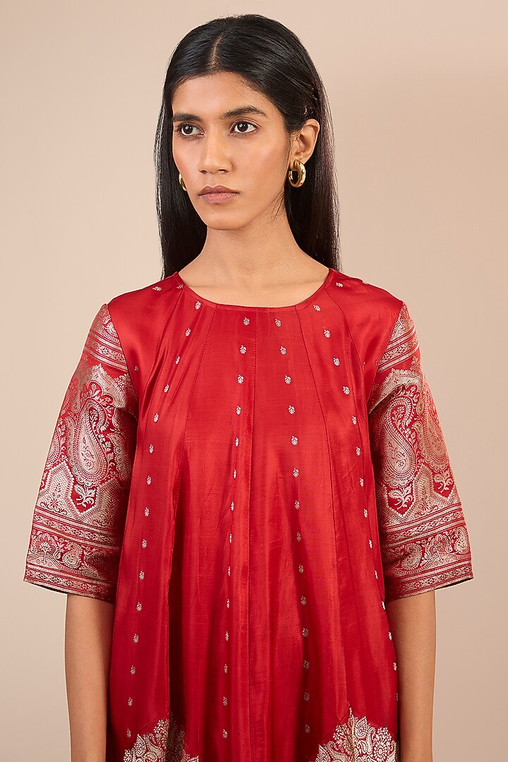 Red Brocade Silk Anarkali Vacation Dress by Urvashi Kaur at Pernia's Pop Up Shop