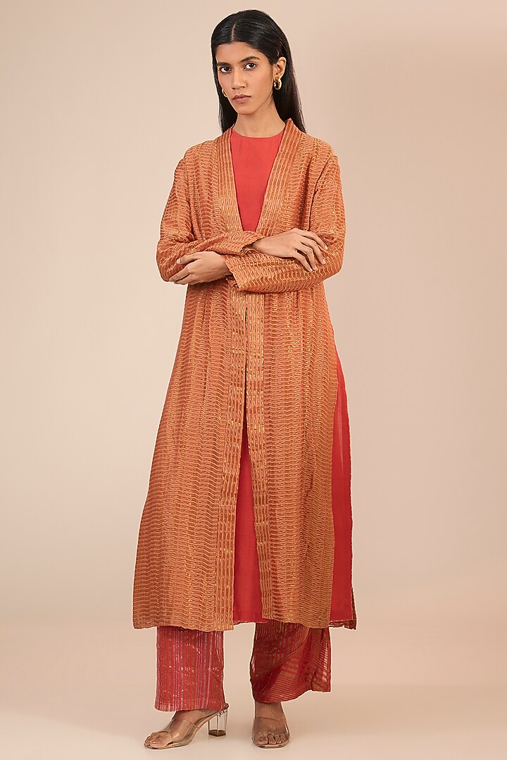 Orange Cotton Silk Textured Jacket by Urvashi Kaur at Pernia's Pop Up Shop
