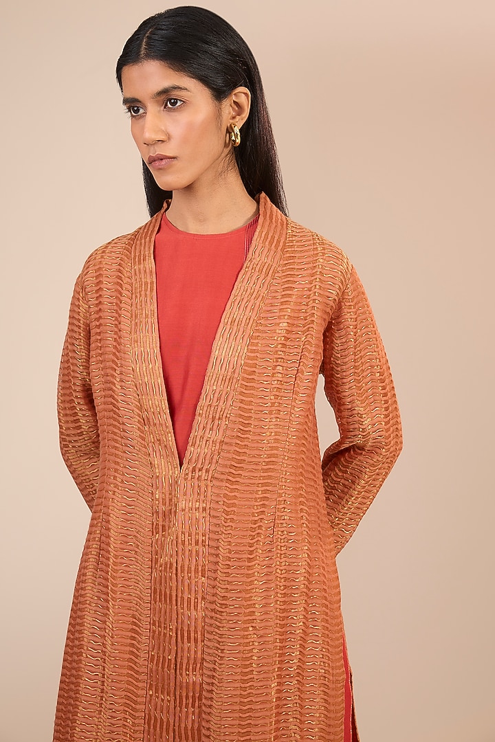 Orange Cotton Silk Textured Jacket by Urvashi Kaur at Pernia's Pop Up Shop