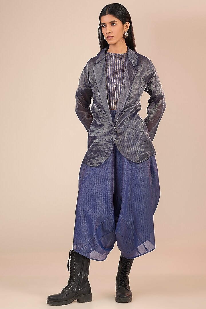 Indigo & Silver Hand Woven Striped Tissue Silk Blazer by Urvashi Kaur at Pernia's Pop Up Shop