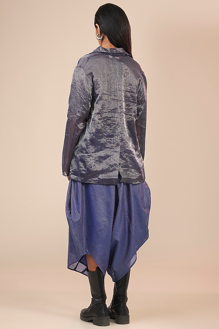 Indigo & Silver Hand Woven Striped Tissue Silk Blazer by Urvashi Kaur at Pernia's Pop Up Shop