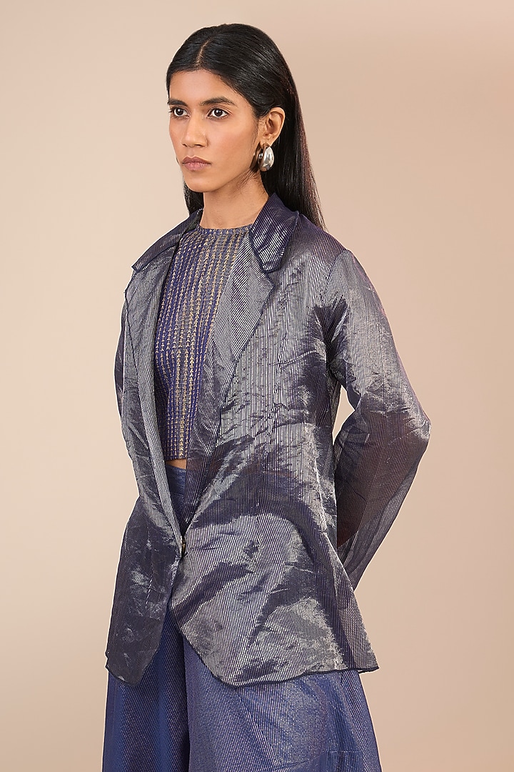 Indigo & Silver Hand Woven Striped Tissue Silk Blazer by Urvashi Kaur at Pernia's Pop Up Shop