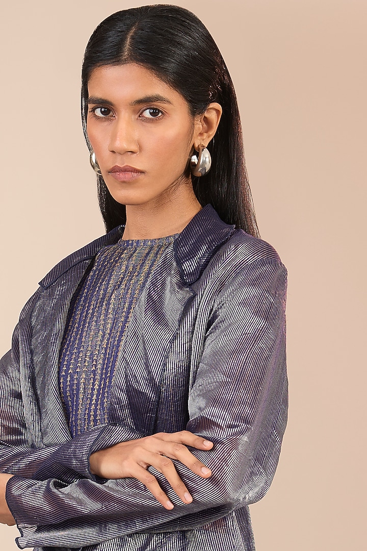 Indigo & Silver Hand Woven Striped Tissue Silk Blazer by Urvashi Kaur at Pernia's Pop Up Shop