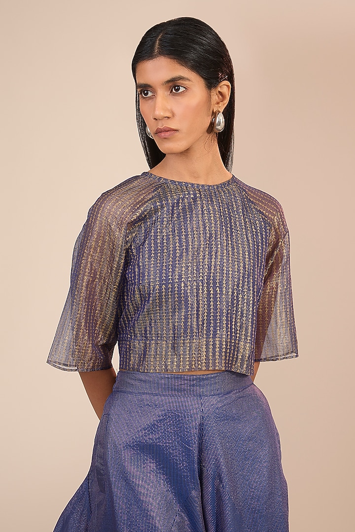 Indigo Blue Tissue Silk Textured Button-Down Top by Urvashi Kaur at Pernia's Pop Up Shop