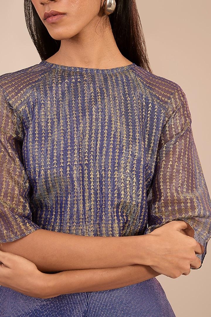 Indigo Blue Tissue Silk Textured Button-Down Top by Urvashi Kaur at Pernia's Pop Up Shop
