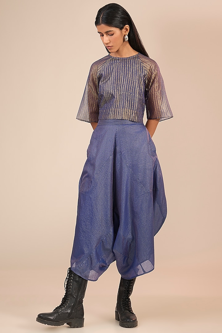 Indigo Blue Tissue Silk Textured Button-Down Top by Urvashi Kaur at Pernia's Pop Up Shop