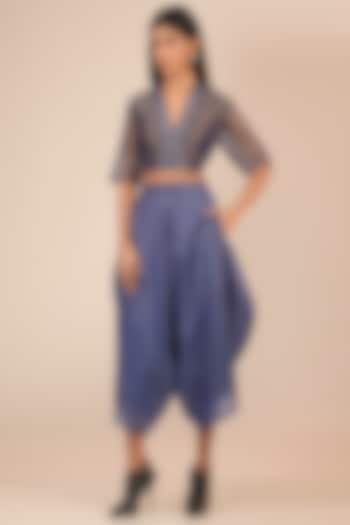 Indigo Blue Tissue Silk Asymmetric Pants by Urvashi Kaur at Pernia's Pop Up Shop