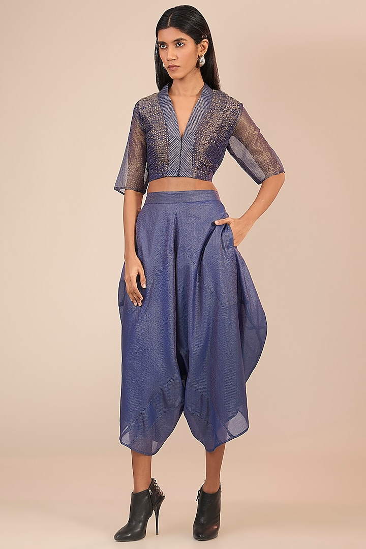 Indigo Blue Tissue Silk Asymmetric Pants by Urvashi Kaur at Pernia's Pop Up Shop