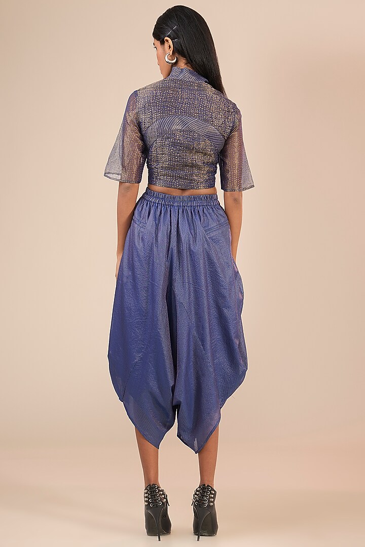 Indigo Blue Tissue Silk Asymmetric Pants by Urvashi Kaur at Pernia's Pop Up Shop