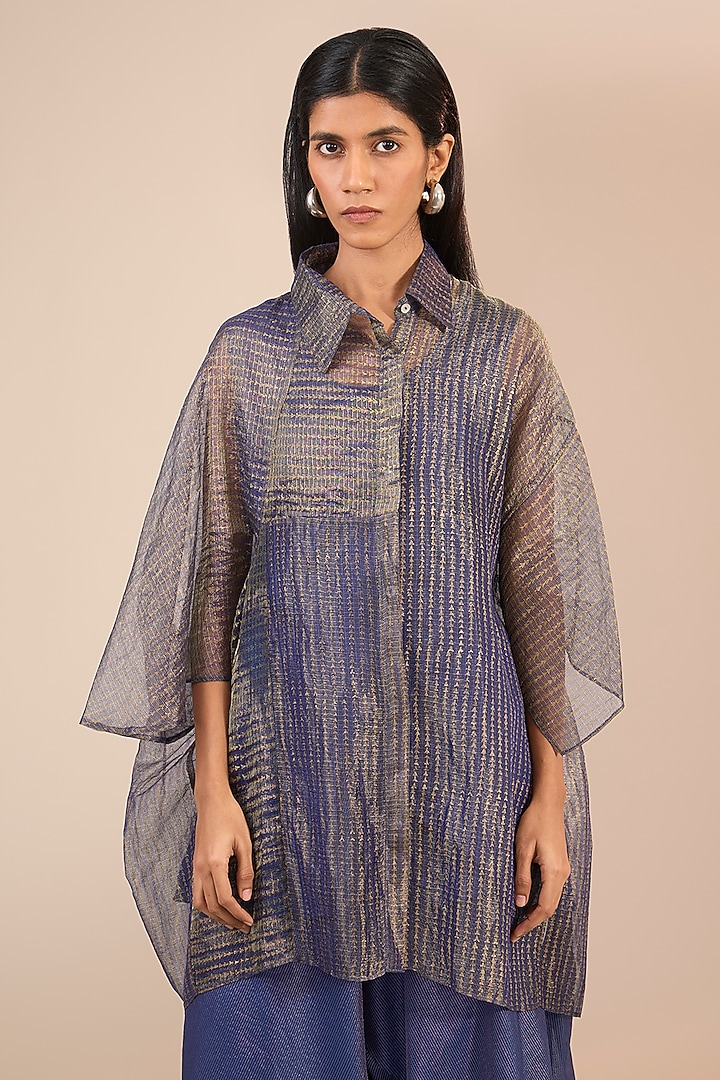 Indigo Blue Cotton Silk Hand Block Printed Oversized Shirt by Urvashi Kaur at Pernia's Pop Up Shop