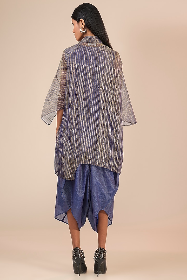 Indigo Blue Cotton Silk Hand Block Printed Oversized Shirt by Urvashi Kaur at Pernia's Pop Up Shop