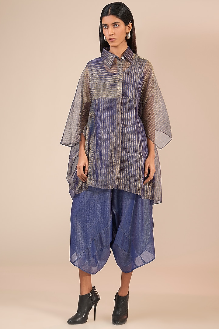 Indigo Blue Cotton Silk Hand Block Printed Oversized Shirt by Urvashi Kaur at Pernia's Pop Up Shop