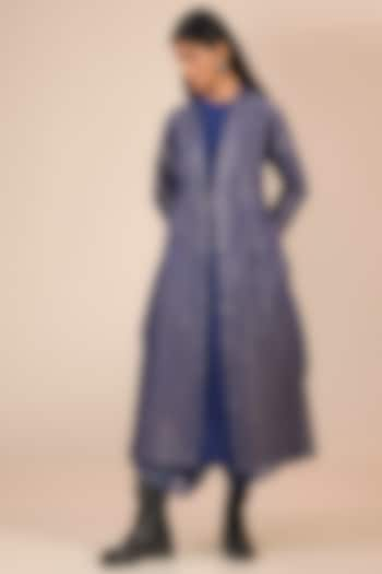 Indigo Blue Cotton Silk Textured Jacket by Urvashi Kaur at Pernia's Pop Up Shop