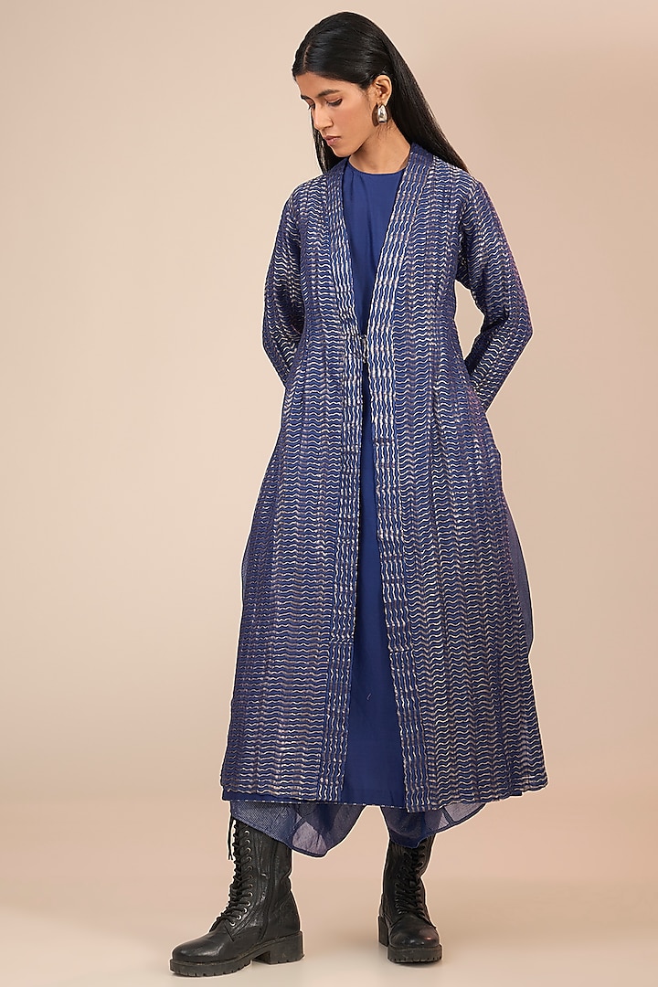 Indigo Blue Cotton Silk Textured Jacket by Urvashi Kaur at Pernia's Pop Up Shop