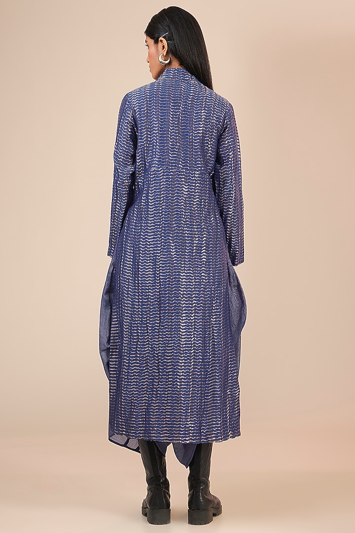 Indigo Blue Cotton Silk Textured Jacket by Urvashi Kaur at Pernia's Pop Up Shop