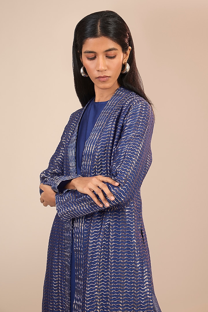 Indigo Blue Cotton Silk Textured Jacket by Urvashi Kaur at Pernia's Pop Up Shop