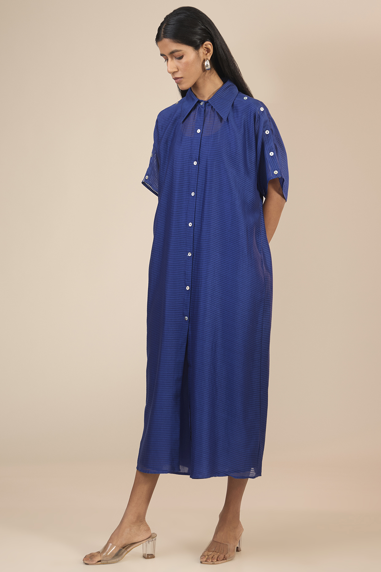Indigo Blue Striped Chanderi Silk Shirt Dress by Urvashi Kaur at Pernia's Pop Up Shop