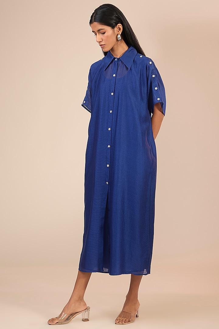 Indigo Blue Striped Chanderi Silk Shirt Dress by Urvashi Kaur at Pernia's Pop Up Shop