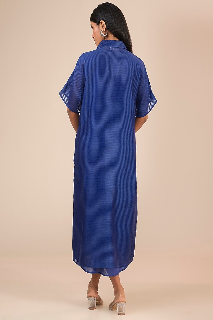 Indigo Blue Striped Chanderi Silk Vacation Shirt Dress by Urvashi Kaur at Pernia's Pop Up Shop