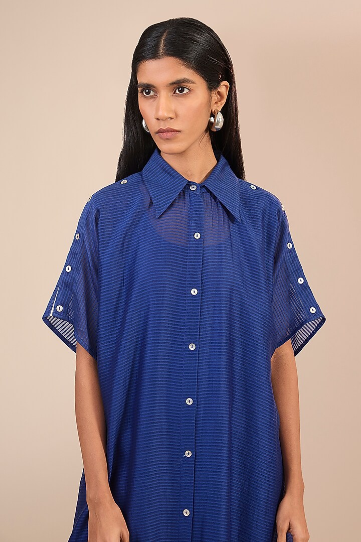 Indigo Blue Striped Chanderi Silk Vacation Shirt Dress by Urvashi Kaur at Pernia's Pop Up Shop