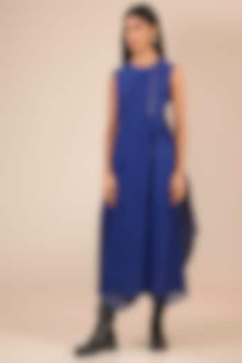 Indigo Blue Chanderi Silk Long Tunic by Urvashi Kaur at Pernia's Pop Up Shop