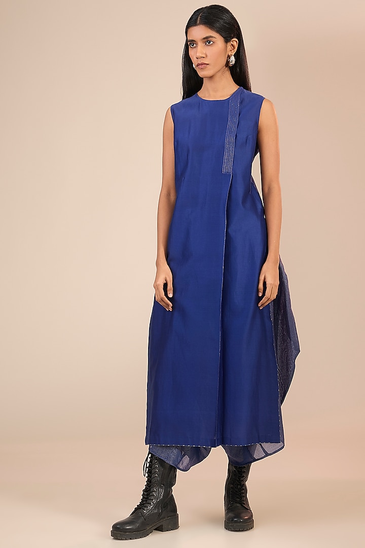 Indigo Blue Chanderi Silk Long Tunic by Urvashi Kaur at Pernia's Pop Up Shop