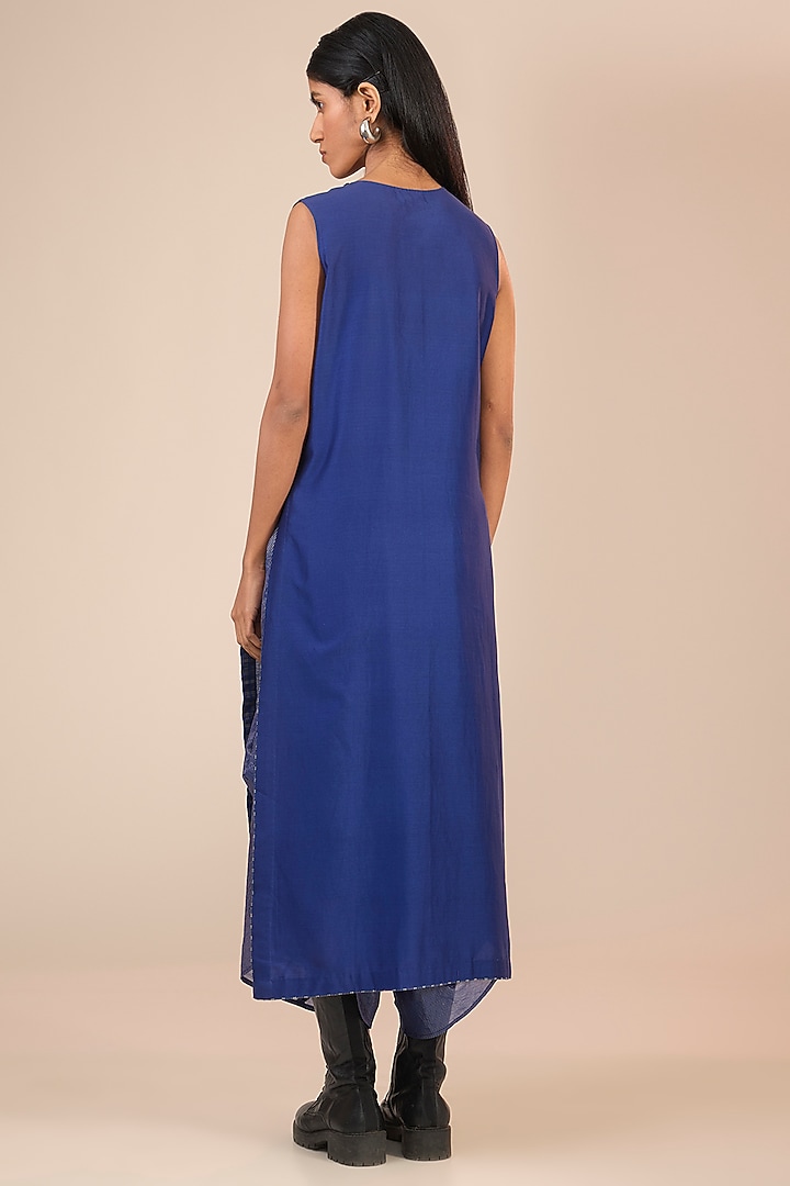 Indigo Blue Chanderi Silk Long Tunic by Urvashi Kaur at Pernia's Pop Up Shop