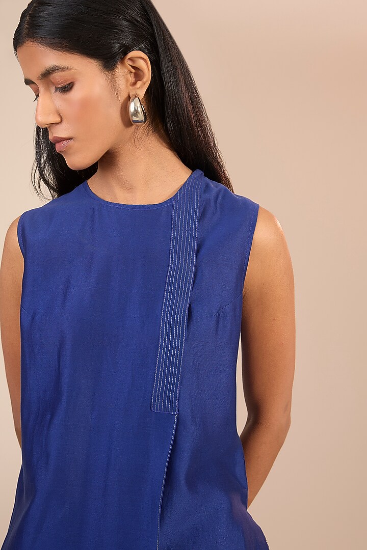 Indigo Blue Chanderi Silk Long Tunic by Urvashi Kaur at Pernia's Pop Up Shop