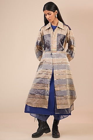 Indigo & Silver Handwoven Tissue Silk Tunic by Urvashi Kaur