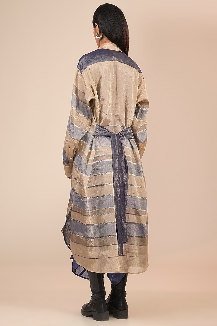 Indigo & Silver Handwoven Tissue Silk Tunic by Urvashi Kaur at Pernia's Pop Up Shop