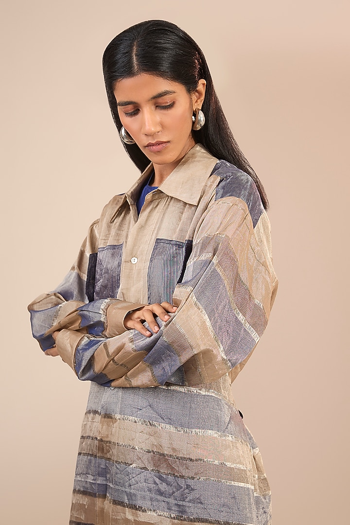 Indigo & Silver Handwoven Tissue Silk Tunic by Urvashi Kaur at Pernia's Pop Up Shop