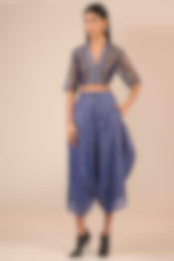 Blue Tissue Silk Stripes Asymmetric Pants by Urvashi Kaur at Pernia's Pop Up Shop