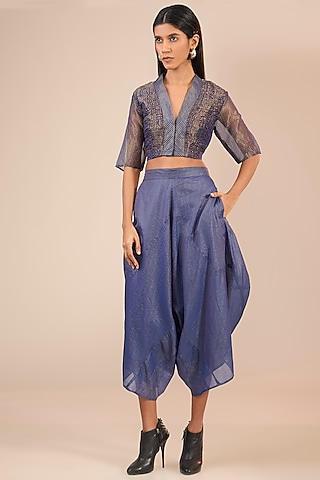 Blue Tissue Silk Stripes Asymmetric Pants by Urvashi Kaur
