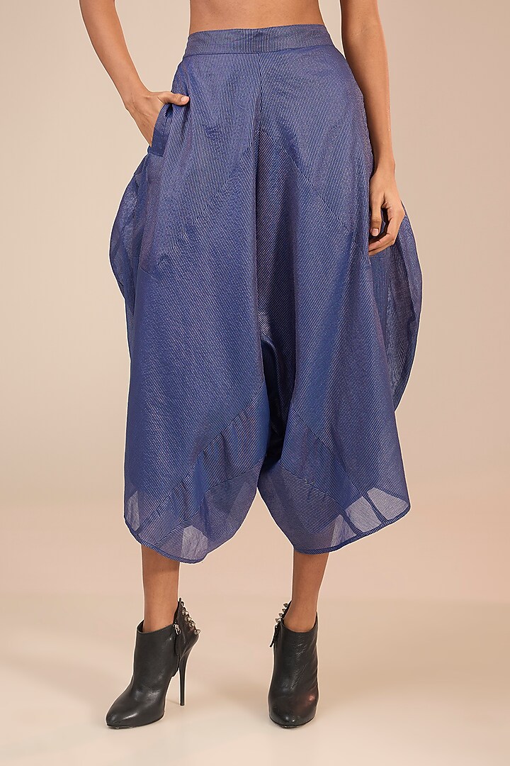 Blue Tissue Silk Stripes Asymmetric Pants by Urvashi Kaur at Pernia's Pop Up Shop
