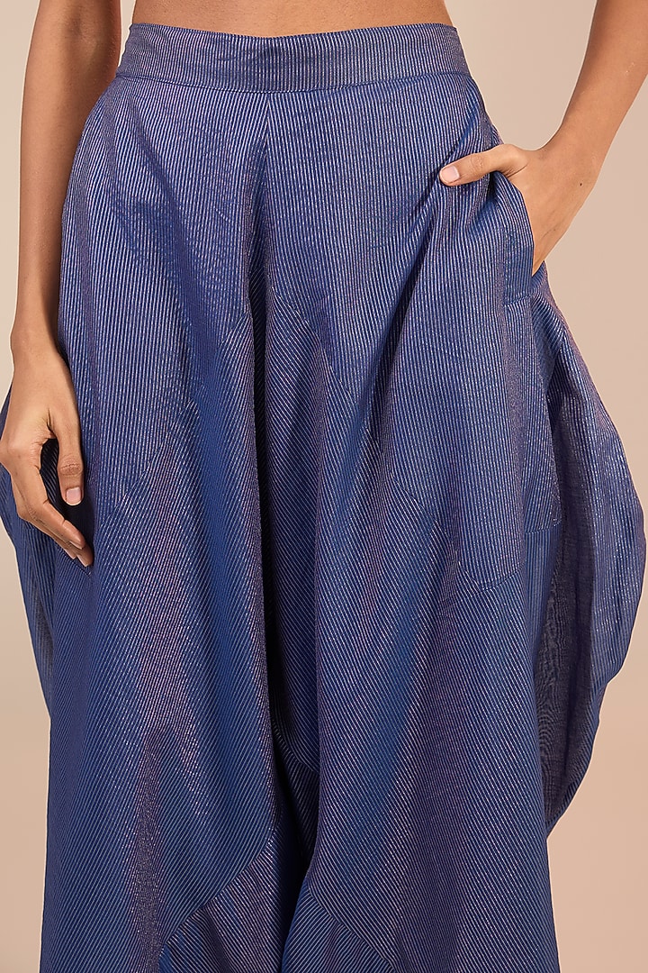 Blue Tissue Silk Stripes Asymmetric Pants by Urvashi Kaur at Pernia's Pop Up Shop