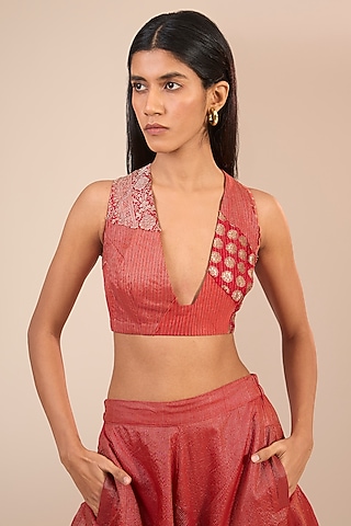 Red Brocade Silk Bralette by Urvashi Kaur