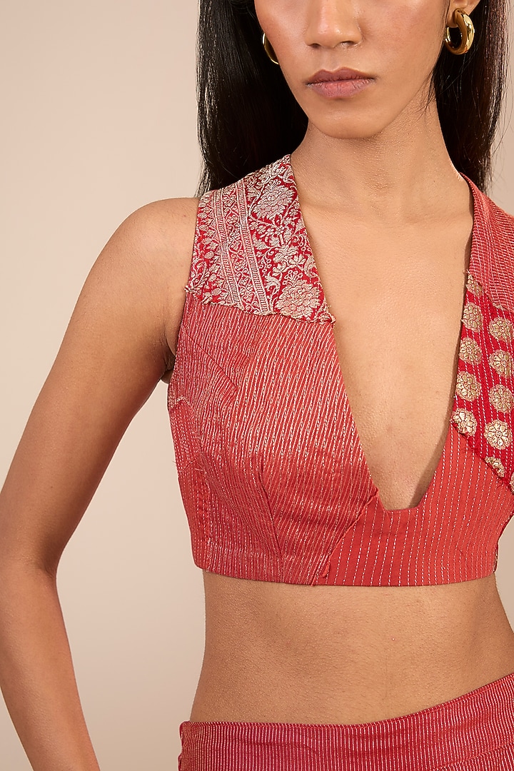 Red Brocade Silk Bralette by Urvashi Kaur at Pernia's Pop Up Shop