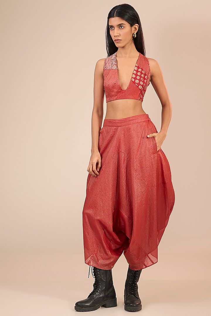 Red Brocade Silk Bralette by Urvashi Kaur at Pernia's Pop Up Shop