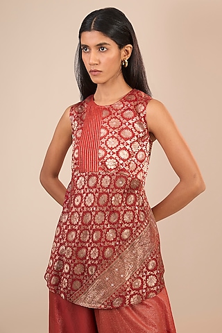 Red Brocade Silk Micro-Pleated Peplum Top by Urvashi Kaur