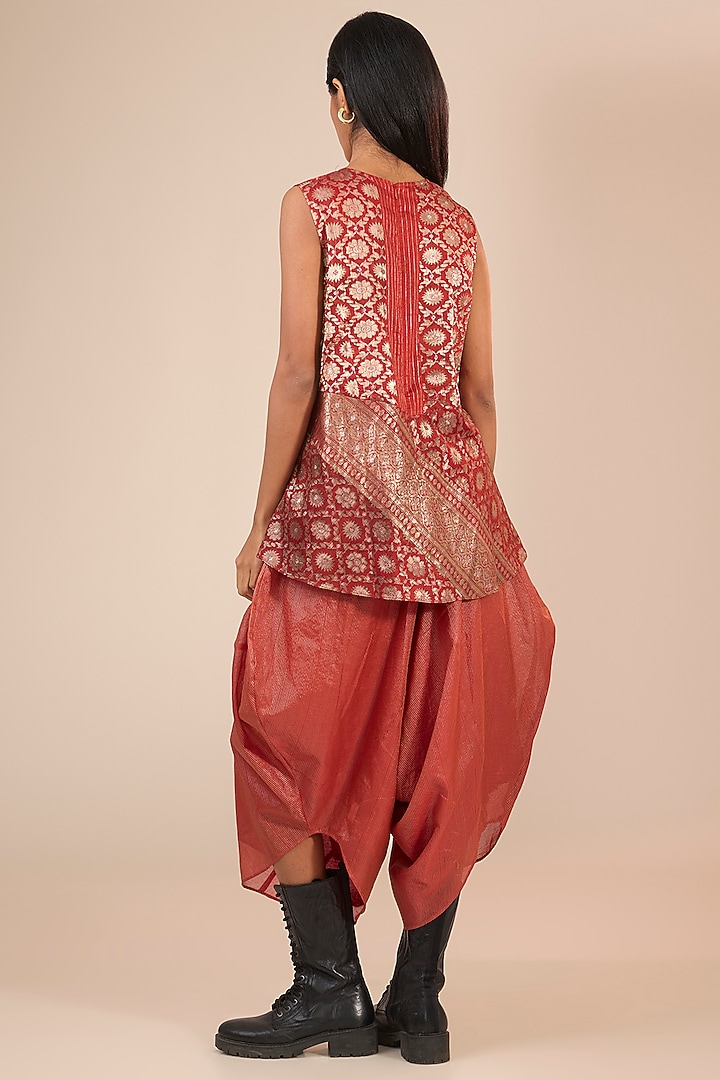 Red Brocade Silk Micro-Pleated Peplum Top by Urvashi Kaur at Pernia's Pop Up Shop