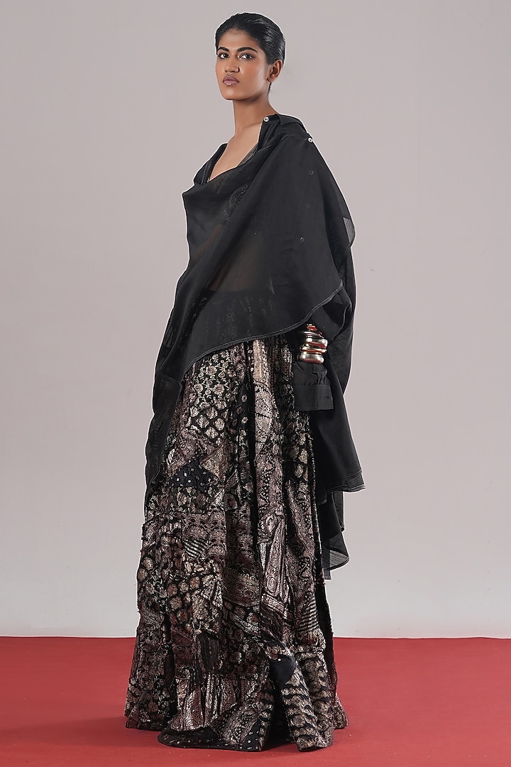 Black Brocade Silk Patchwork Flared Skirt by Urvashi Kaur at Pernia's Pop Up Shop