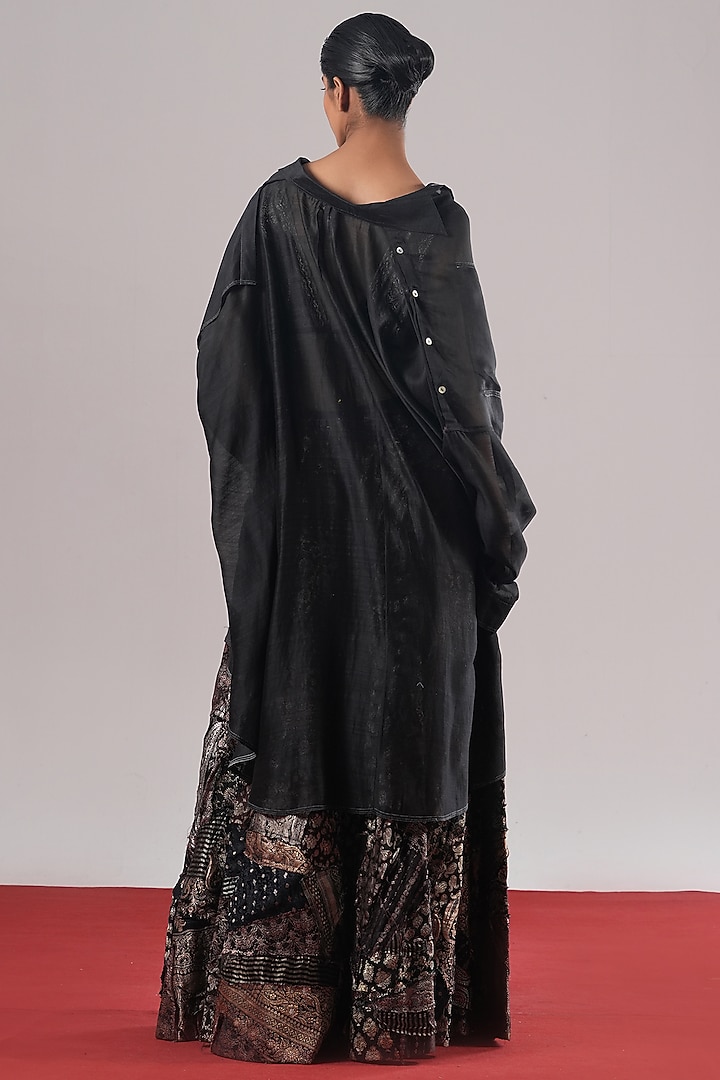 Black Brocade Silk Patchwork Flared Skirt by Urvashi Kaur at Pernia's Pop Up Shop