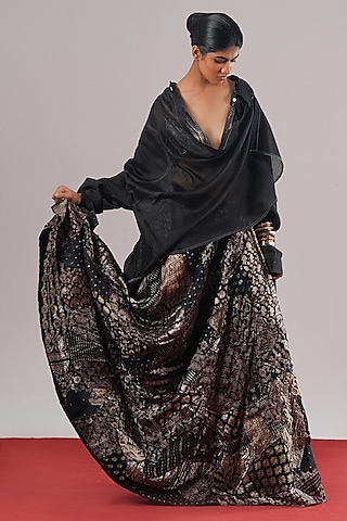 Black Brocade Silk Patchwork Bustier by Urvashi Kaur